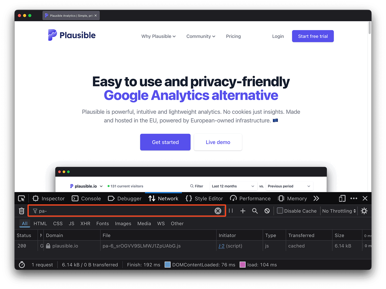 Ensure that the Plausible Analytics script is loading in the 'Network' tab